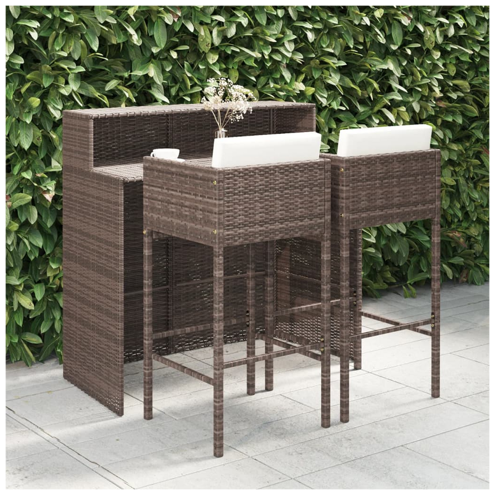 3 Piece Garden Bar Set with Cushions Poly Rattan Brown - anydaydirect