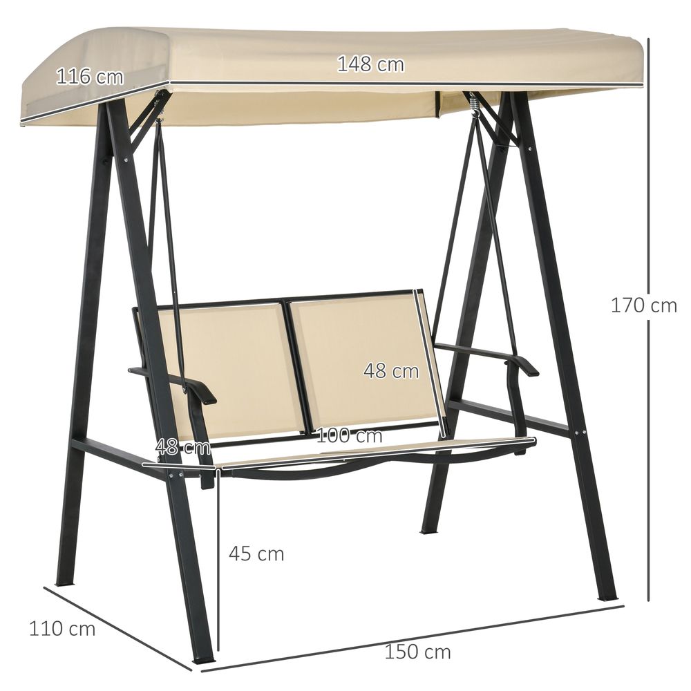 2 Seater Swing Chair With Adjustable Tilting Canopy Steel Frame, Beige - anydaydirect
