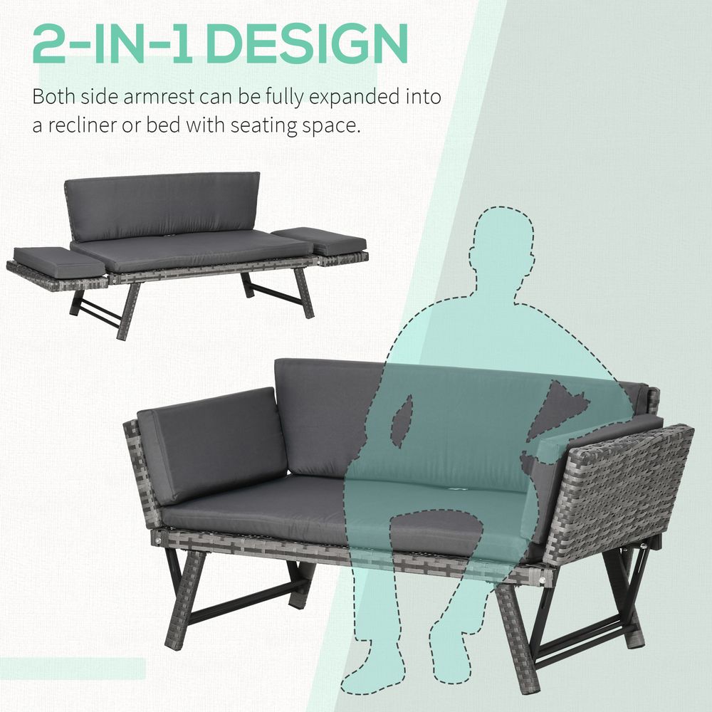 2 in 1 Rattan Folding Daybed Sofa Grey w/Cushion - anydaydirect