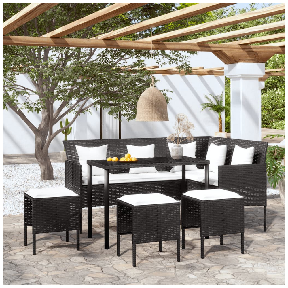 5 Piece L-shaped Couch Sofa Set with Cushions Poly Rattan Black - anydaydirect