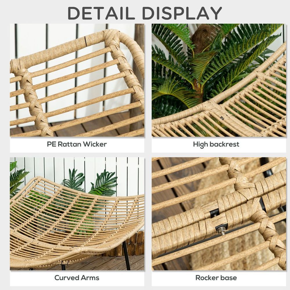 Outsunny Rattan Rocking Chair, Cushioned Wicker Porch Chair, Natural Wood Finish - anydaydirect