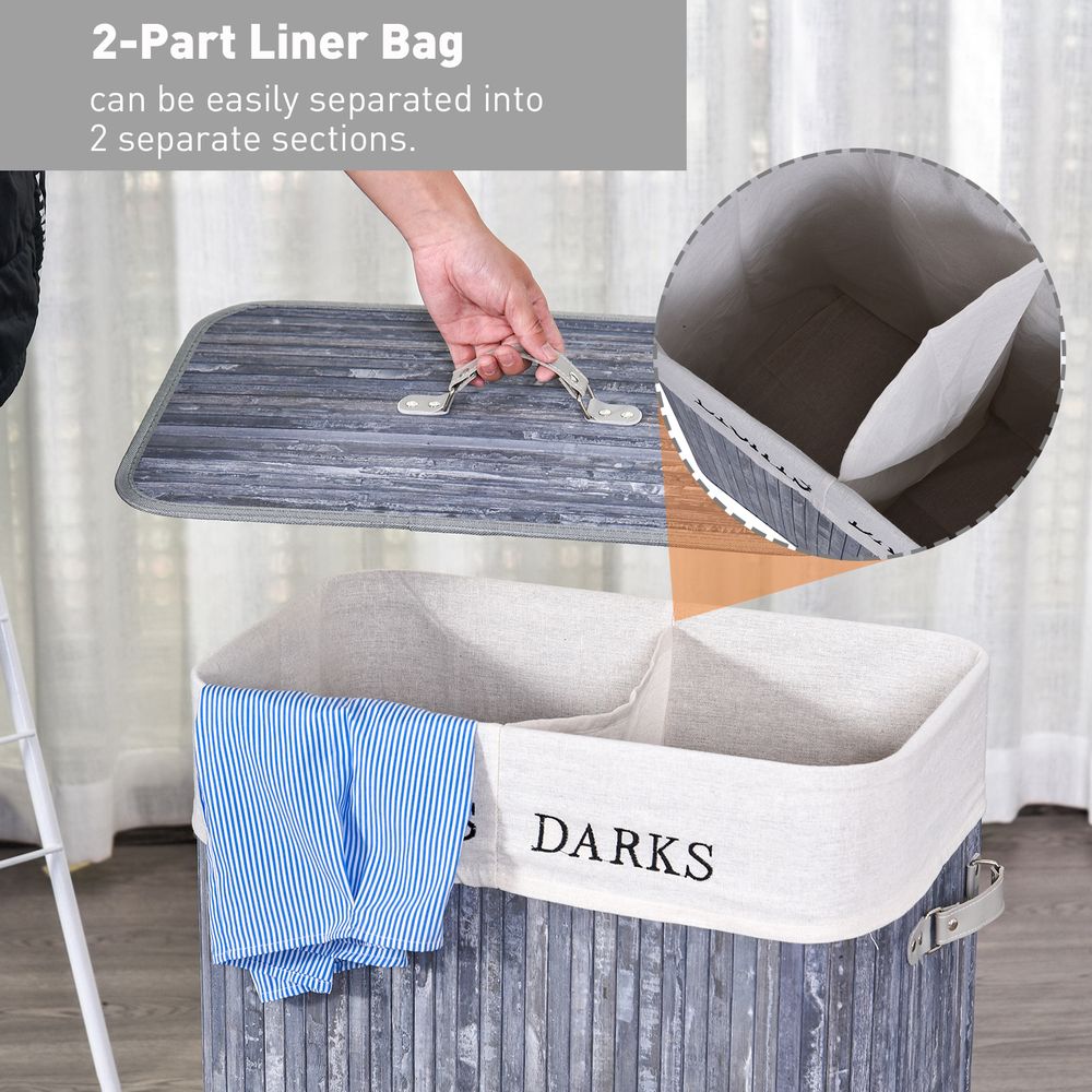 Bamboo Laundry Hamper Removable Lining Large Section Double - anydaydirect