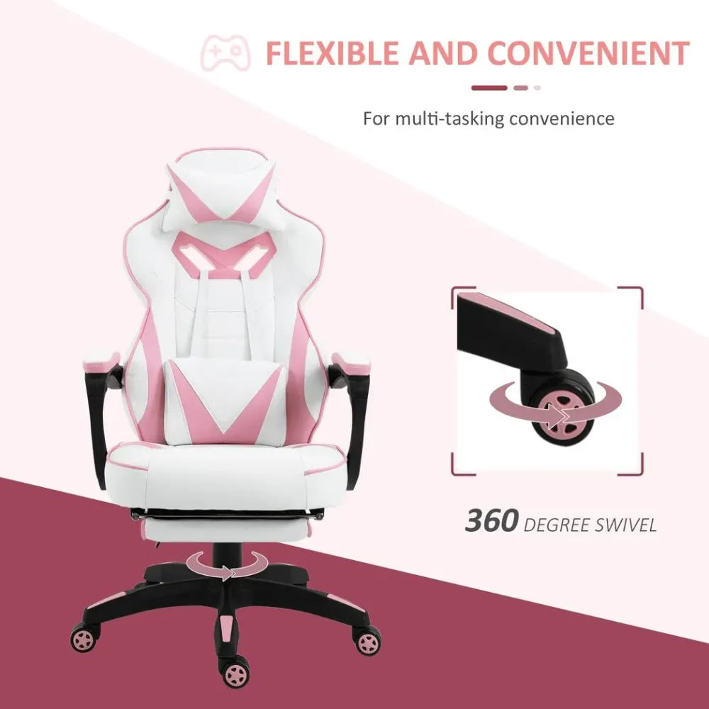 Gaming Chair Ergonomic Reclining w/ Manual Footrest Wheels Stylish Office Pink - anydaydirect