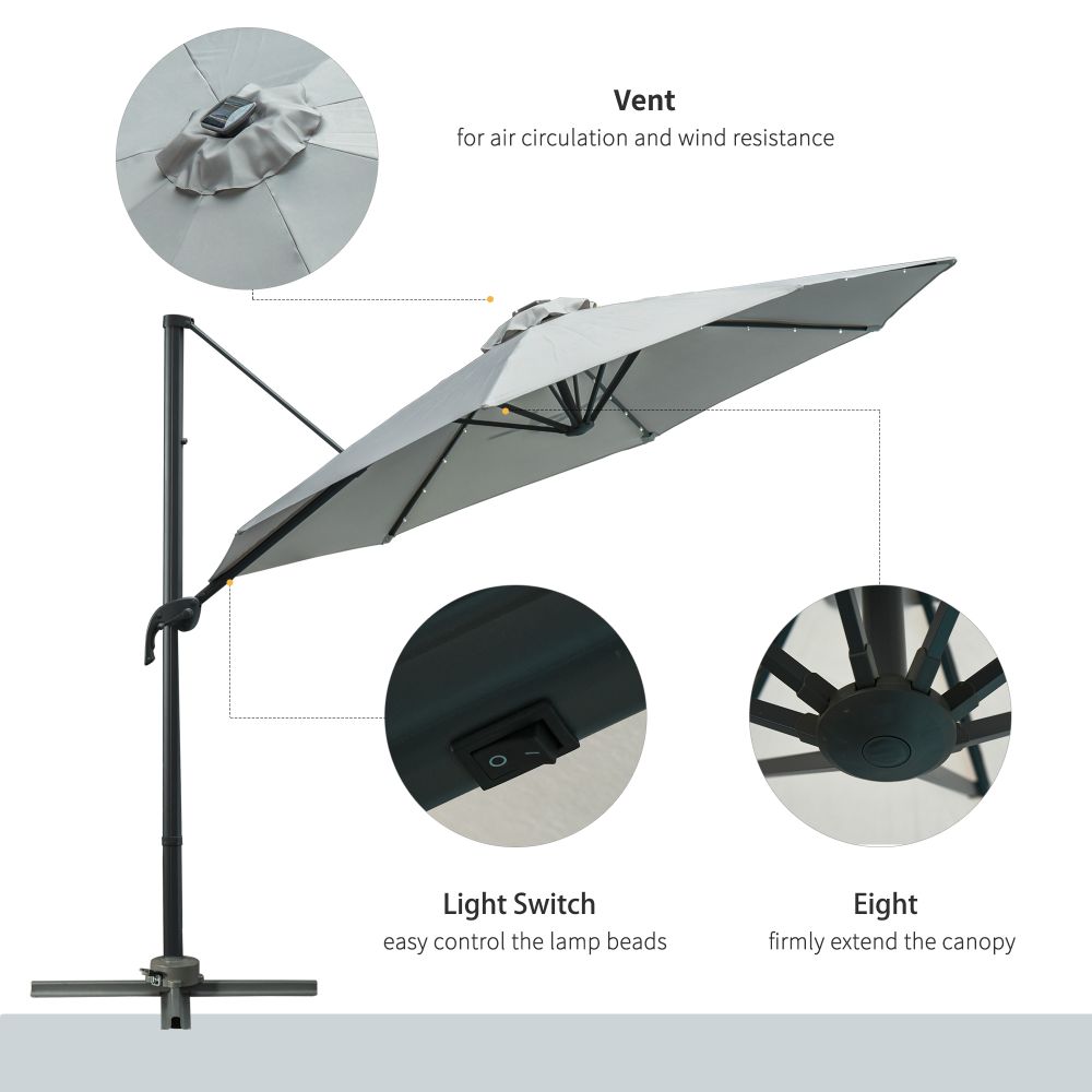 3m Cantilever Roma Parasol Patio Sun Umbrella with LED Solar Light, Grey - anydaydirect