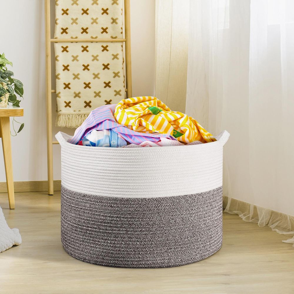 LAUNDRY BASKET WHT & NATURAL 1010284 - anydaydirect