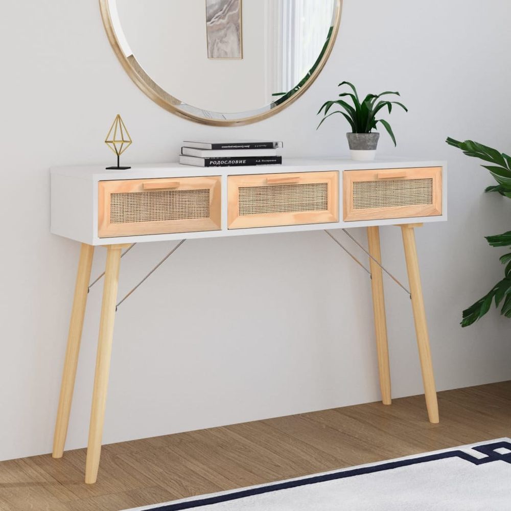 Console Table White 105x30x75 cm Solid Wood Pine&Natural Rattan - anydaydirect