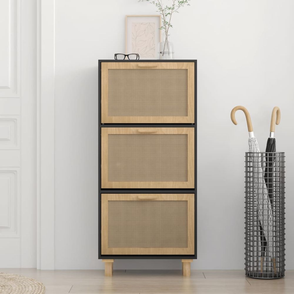 Shoe Cabinet Black 52x25x115 cm Engineered Wood&Natural Rattan - anydaydirect