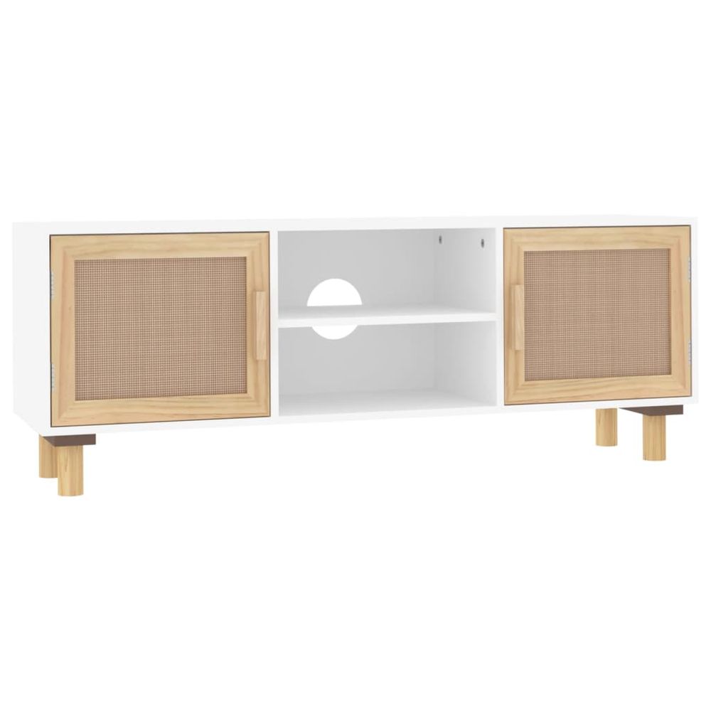 TV Cabinet White 105x30x40 cm Solid Wood Pine&Natural Rattan - anydaydirect