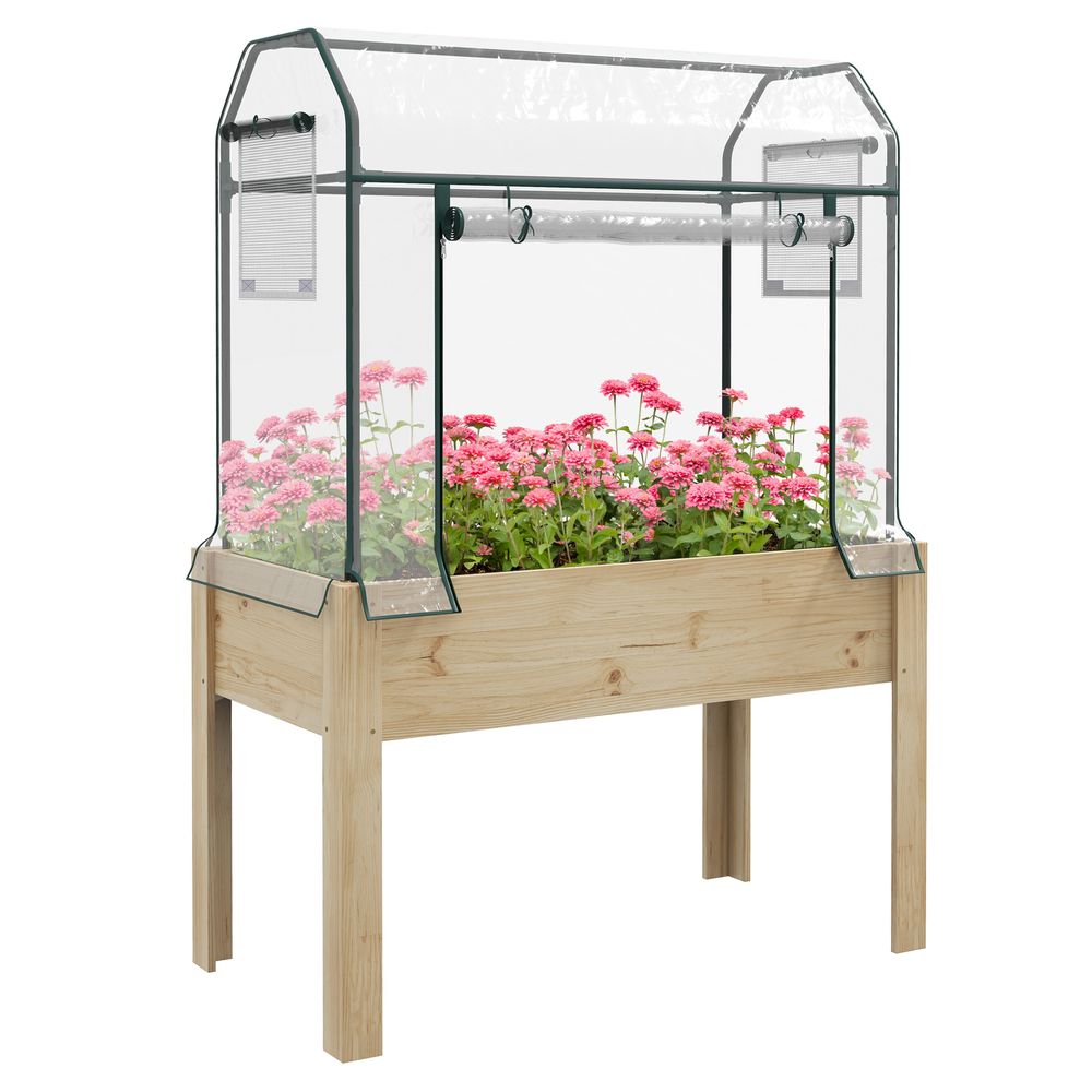 Outsunny Wooden Raised Planter, Garden Bed with Greenhouse Cover and Bed Liner - anydaydirect