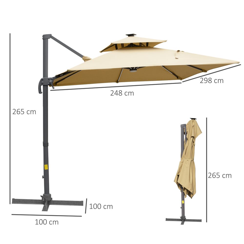 3m Cantilever Patio Umbrella, Solar LED Lighted Crank Handle Khaki - anydaydirect