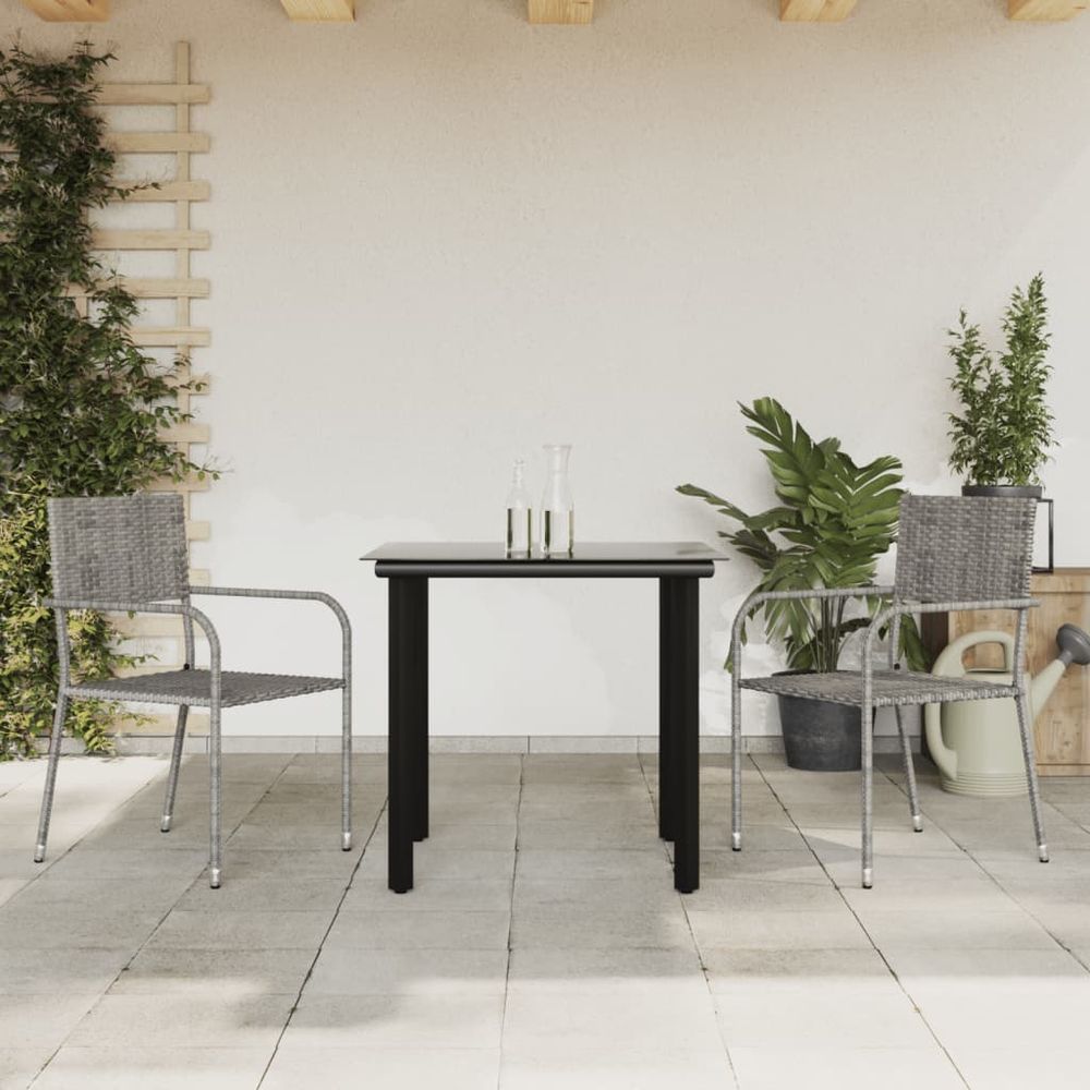 vidaXL 3 Piece Garden Dining Set Grey and Black Poly Rattan and Steel - anydaydirect