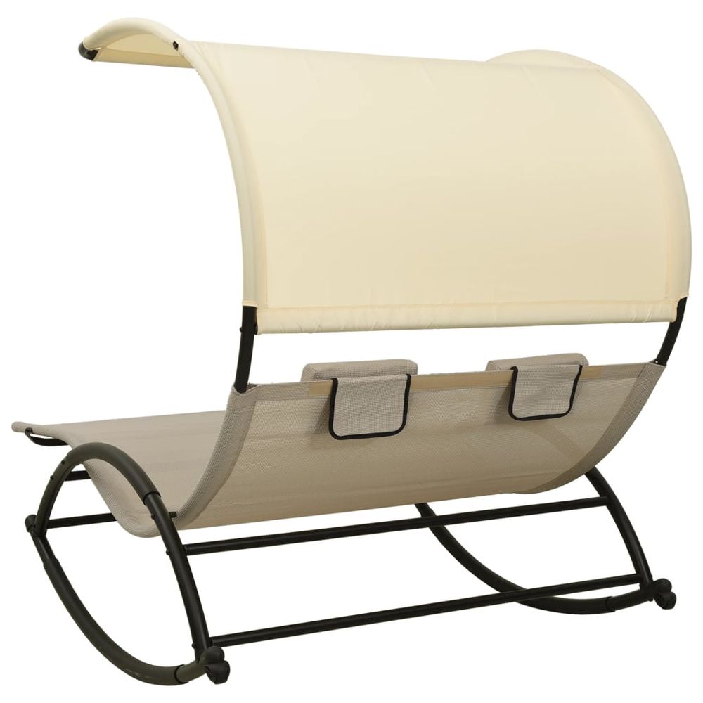 vidaXL Double Sun Lounger with Canopy Textilene Taupe and Cream - anydaydirect