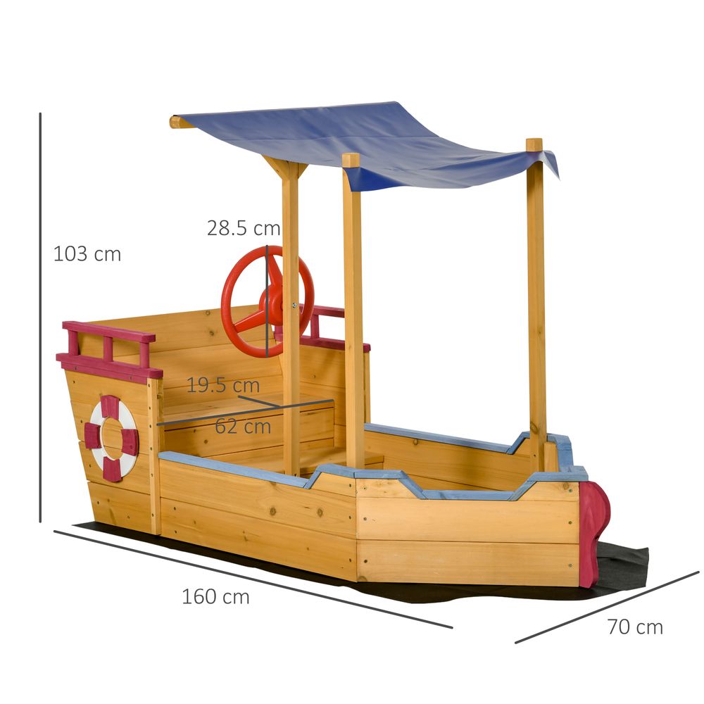 Kids Wooden Sand Pit Sandbox Pirate Sandboat Outdoor w/ Canopy Shade - anydaydirect