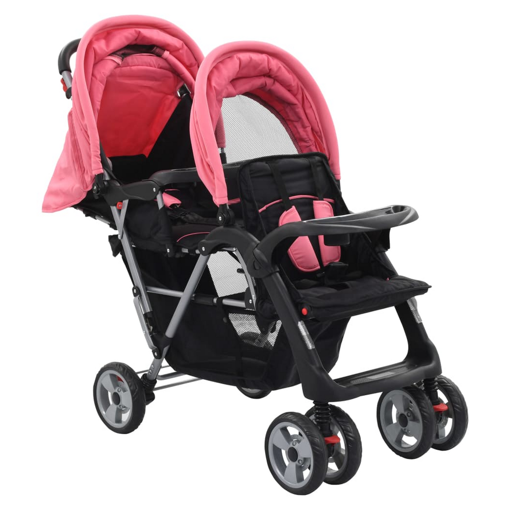 vidaXL Tandem Stroller Pink and Black Steel - anydaydirect