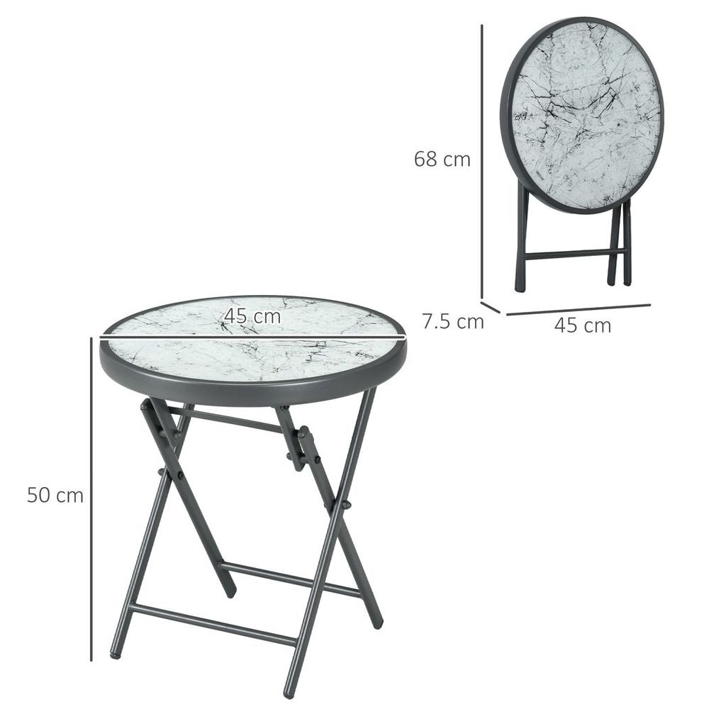 Outsunny Round Folding Side Table w/ Imitation Marble Glass Top, White - anydaydirect