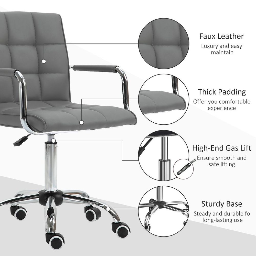 Mid Back PU Leather Home Office Chair Swivel Desk Chair with Arm, Wheel, Grey - anydaydirect