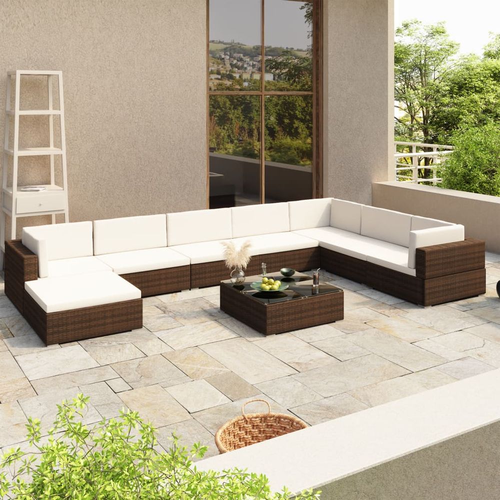 8 Piece Garden Lounge Set with Cushions Poly Rattan Brown - anydaydirect