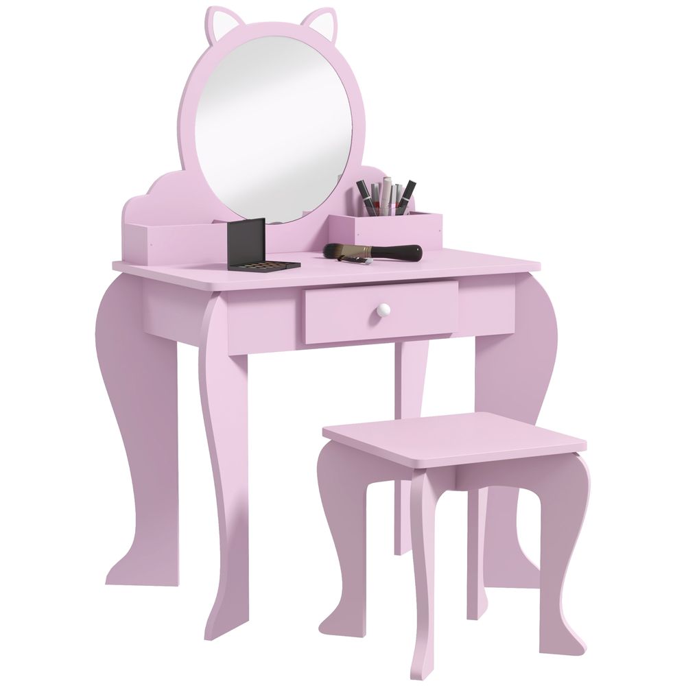 ZONEKIZ Kids Dressing Table Cat Design with Mirror Stool, Drawer, Storage Boxes - anydaydirect