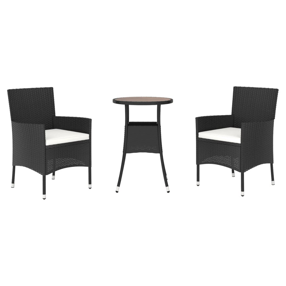 vidaXL 3 Piece Garden Bistro Set with Cushions Black Poly Rattan - anydaydirect