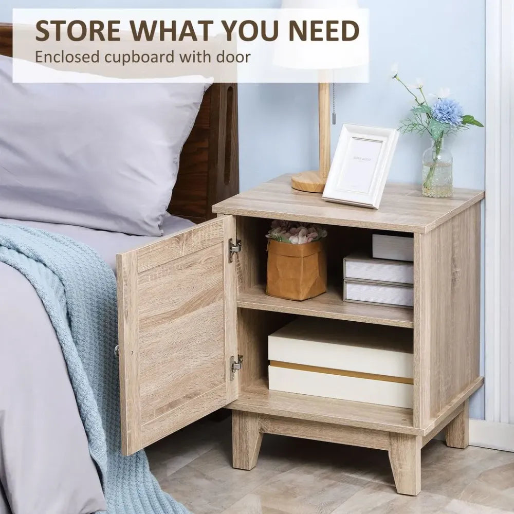 Nightstand, Bedside Table with Storage Cupboard, End Table with Rattan Element - anydaydirect