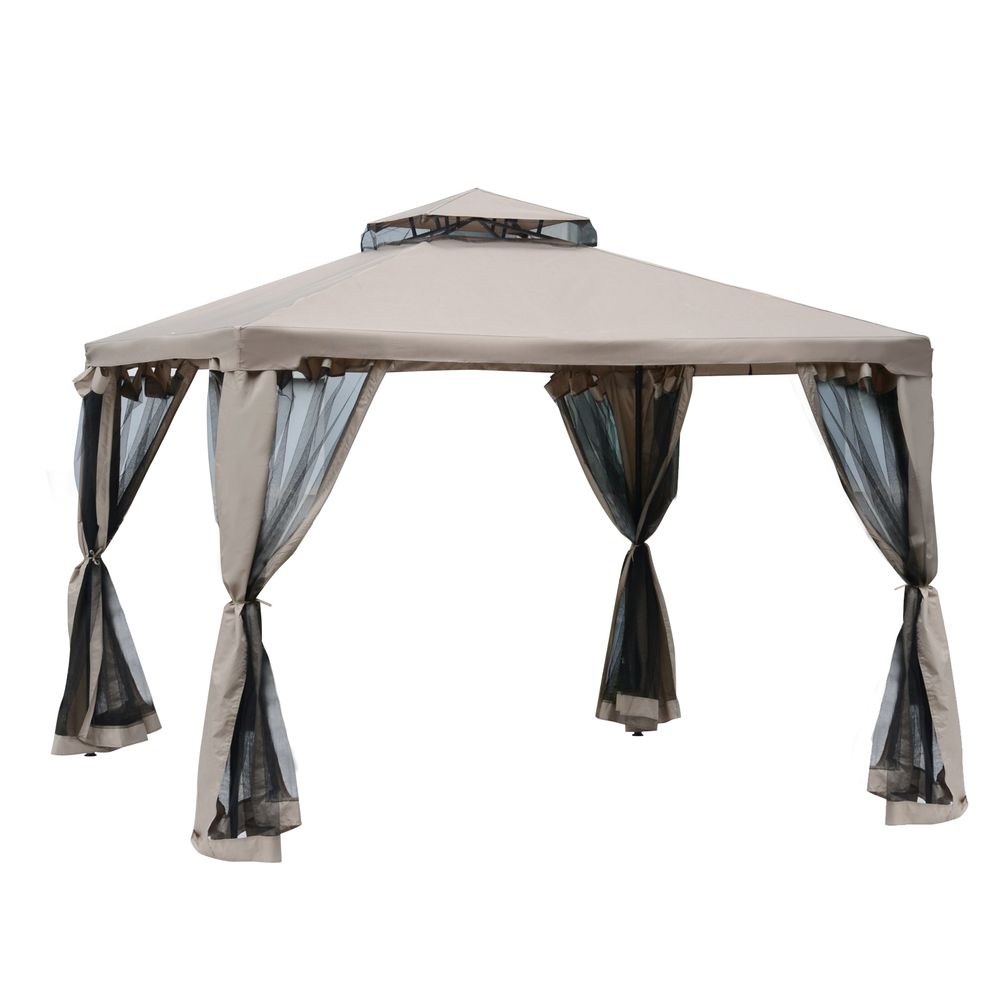 Outsunny Outdoor Gazebo, 2-tier Roof W/Netting, 295L x 295W x 263Hcm-Taupe - anydaydirect