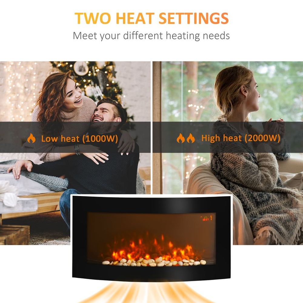 HOMCOM Electric Fireplace Wall Mounted Led Flame Curved Back Side Lights Heater - anydaydirect