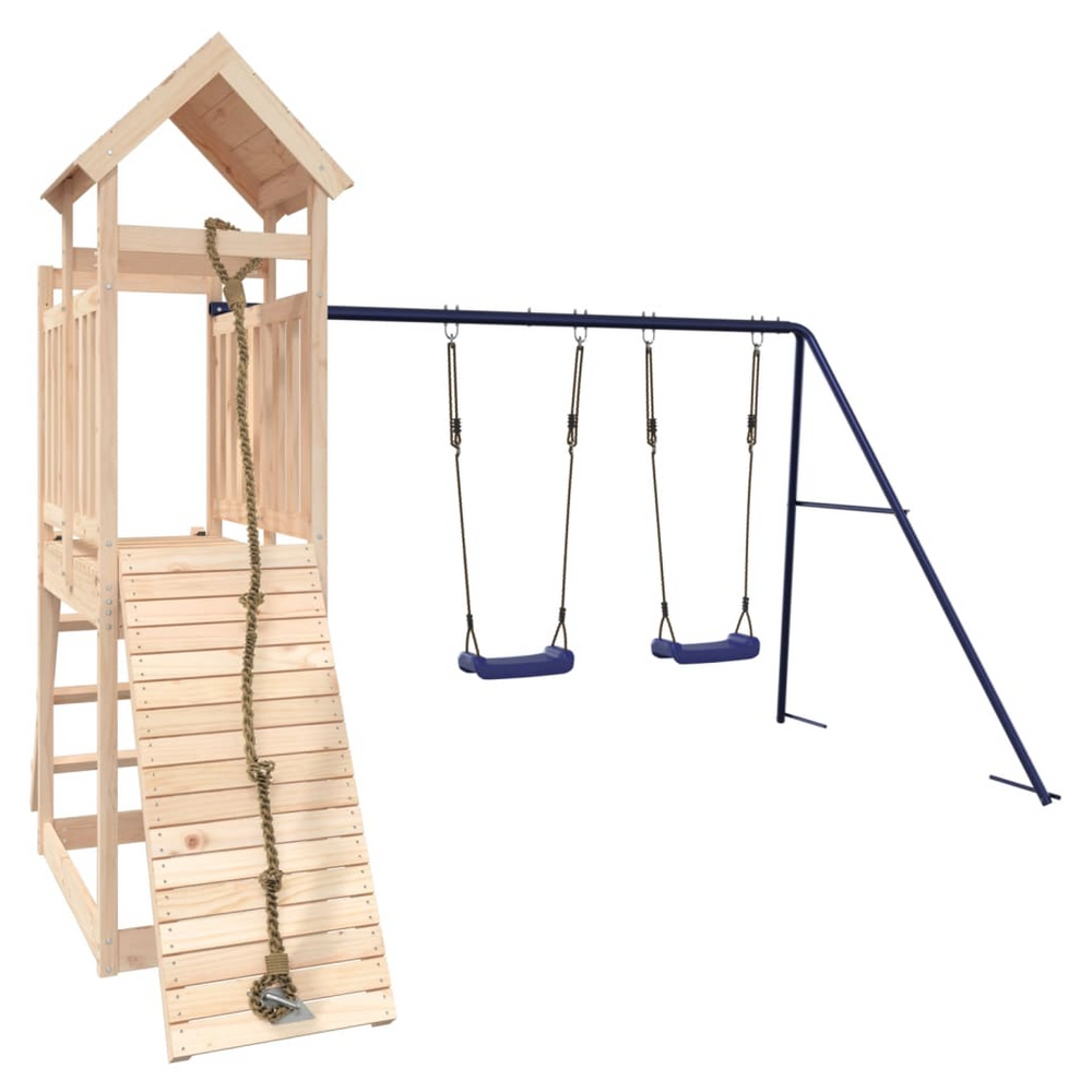 Playhouse with Swings Climbing Wall Solid Wood Pine - anydaydirect