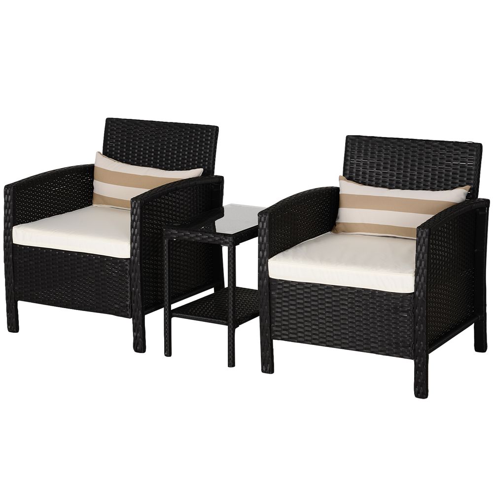 2-Seater PE Rattan Side Table & Armchair Bistro Set w/ Pillows Black - anydaydirect