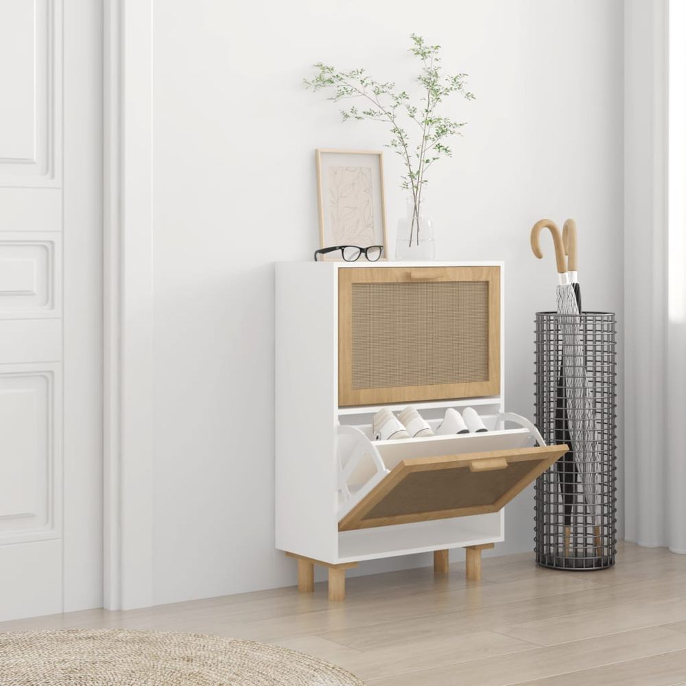 Shoe Cabinet White 52x25x80 cm Engineered Wood&Natural Rattan - anydaydirect