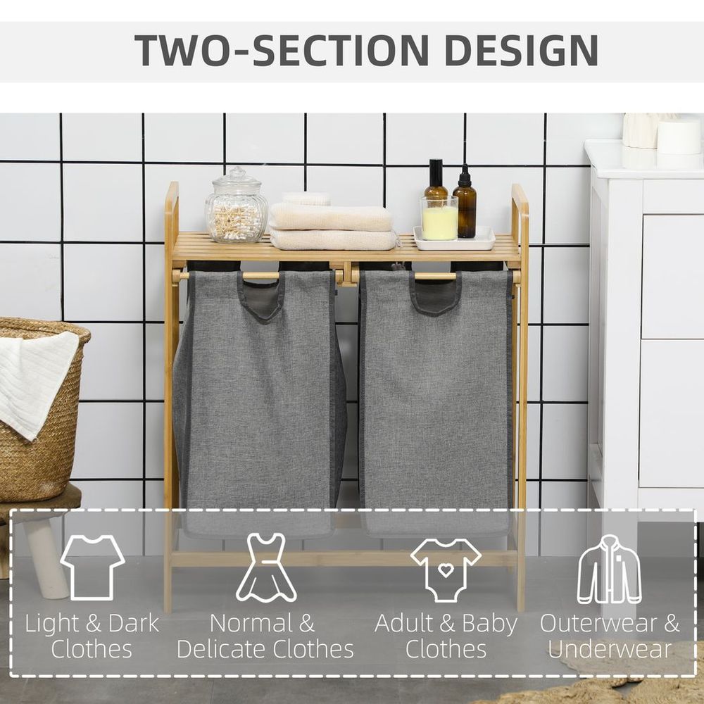 Bamboo Laundry Basket with Shelf Pull-out Bags for Bedroom Laundry Room - anydaydirect