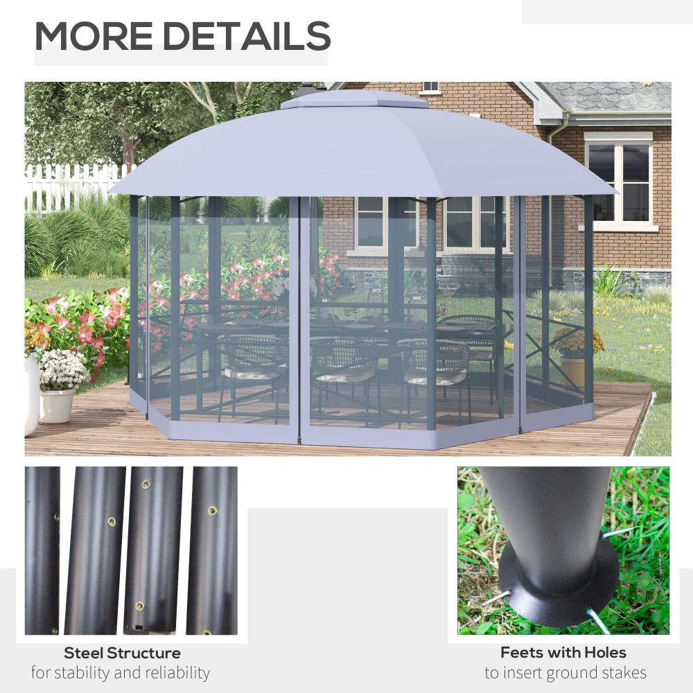 4.7 x 4m Metal Gazebo Canopy, Hexagon Shape Garden Net, Steel Frame, Grey