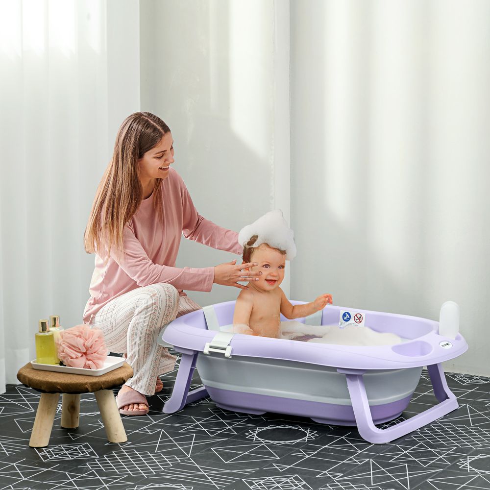 Foldable Baby Bathtub w/ Non-Slip Support Legs, Cushion, Shower Holder - Purple - anydaydirect