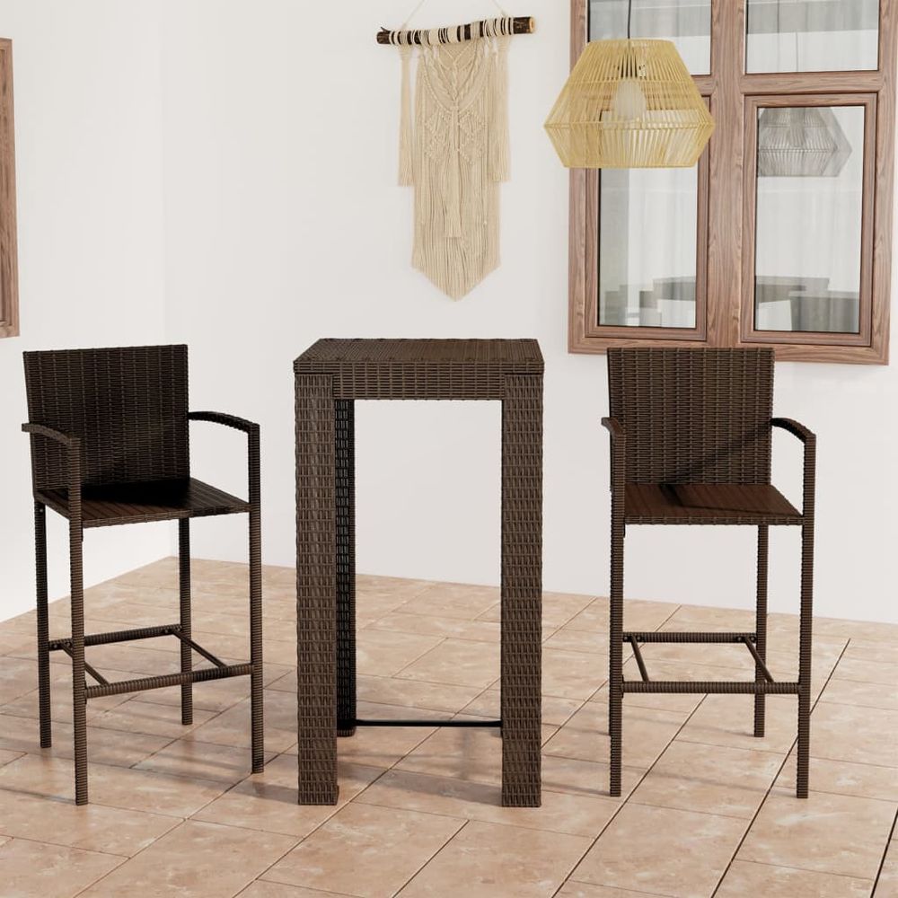 3 Piece Outdoor Bar Set with Armrest Poly Rattan Brown - anydaydirect
