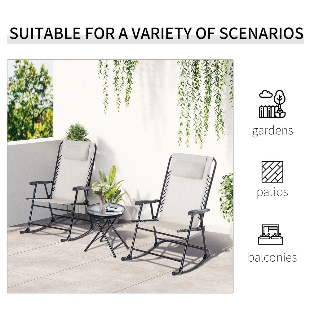 3 Piece Rocking Bistro Set, 2 Folding Chairs & 1 Tempered Glass Table, Beige - anydaydirect