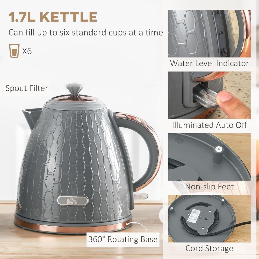 HOMCOM 1.7L Kettle and Toaster Set with Defrost, Reheat and Crumb Tray, Grey - anydaydirect