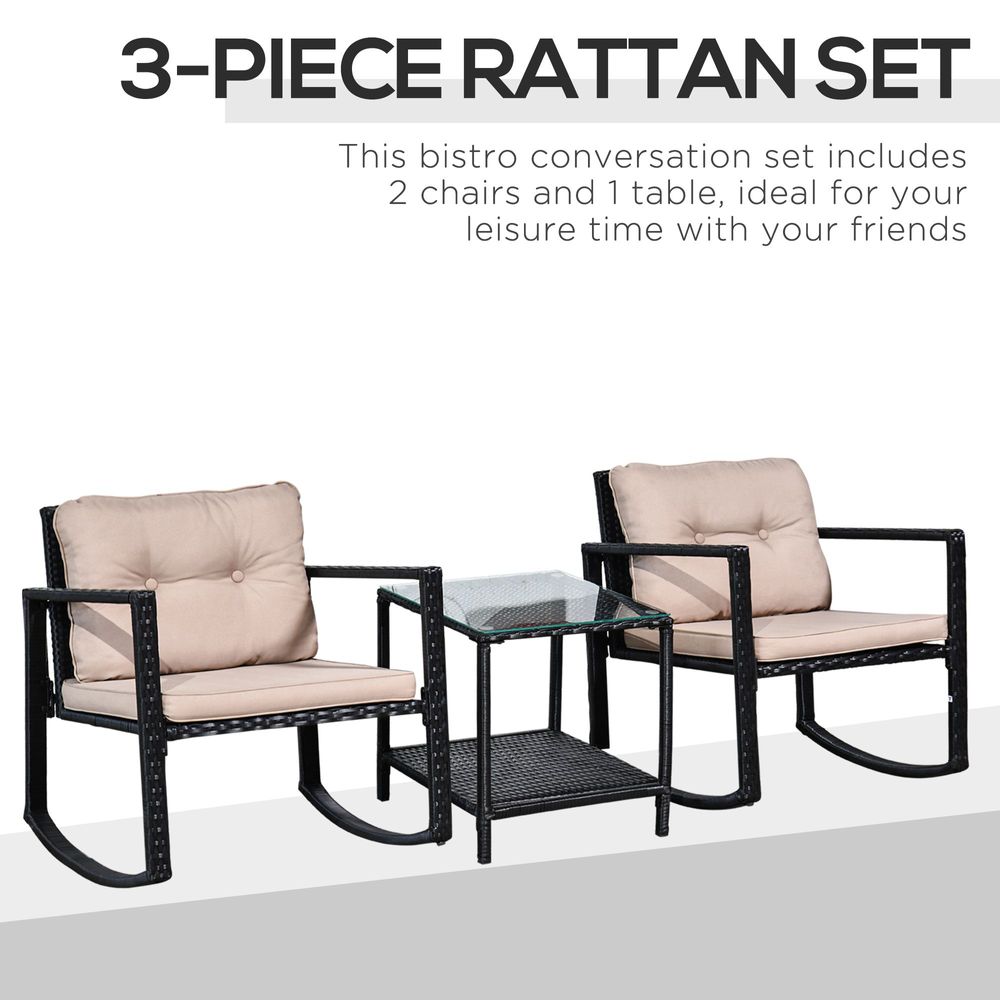 Outsunny 2 Seater Rattan Rocking Set W/Cushion-Black/Beige - anydaydirect