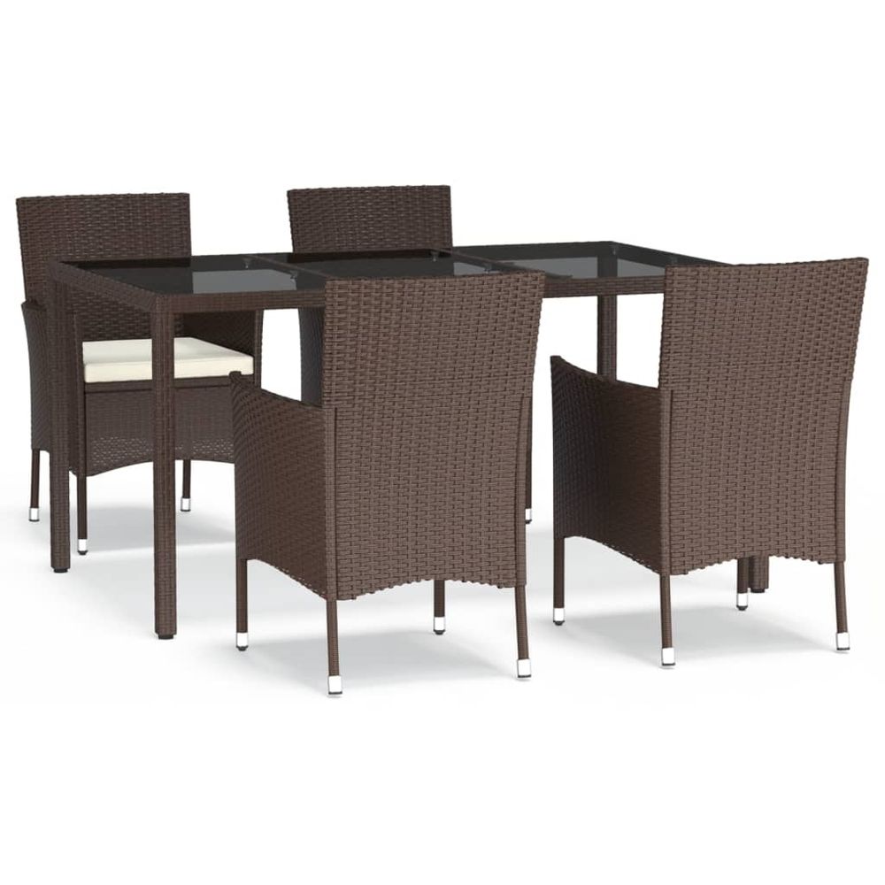 vidaXL 5 Piece Garden Dining Set with Cushions Brown Poly Rattan - anydaydirect