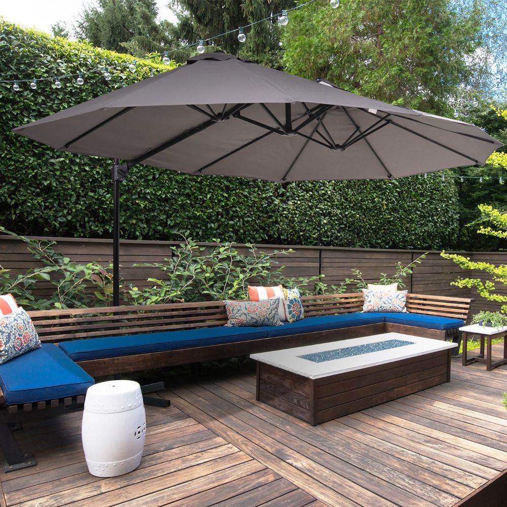 Double Canopy Offset Parasol Garden Shade w/ Steel Pole 12 Support Ribs - anydaydirect