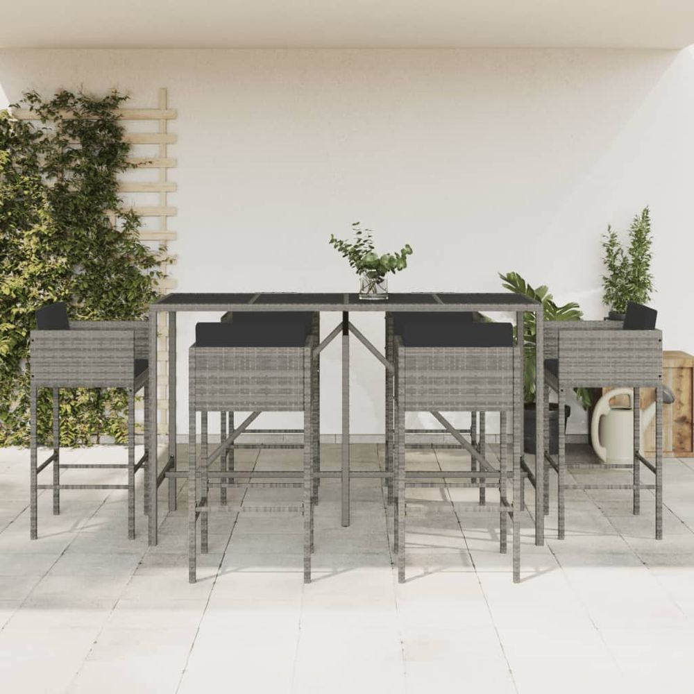 vidaXL 7 Piece Garden Bar Set with Cushions Grey Poly Rattan - anydaydirect
