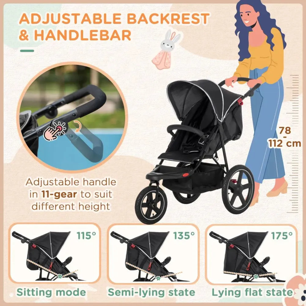 Lightwieght Pushchair w/ Reclining Backrest From Birth to 3 Years - Black - anydaydirect