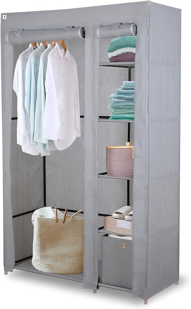 Knight Double  Canvas Portable Free Standing Wardrobe Shelving Clothes Storage with Hanging Rail and Cubic Drawer (1pc Included) - L 110cm x W 45cm x H 175cm - Grey - anydaydirect