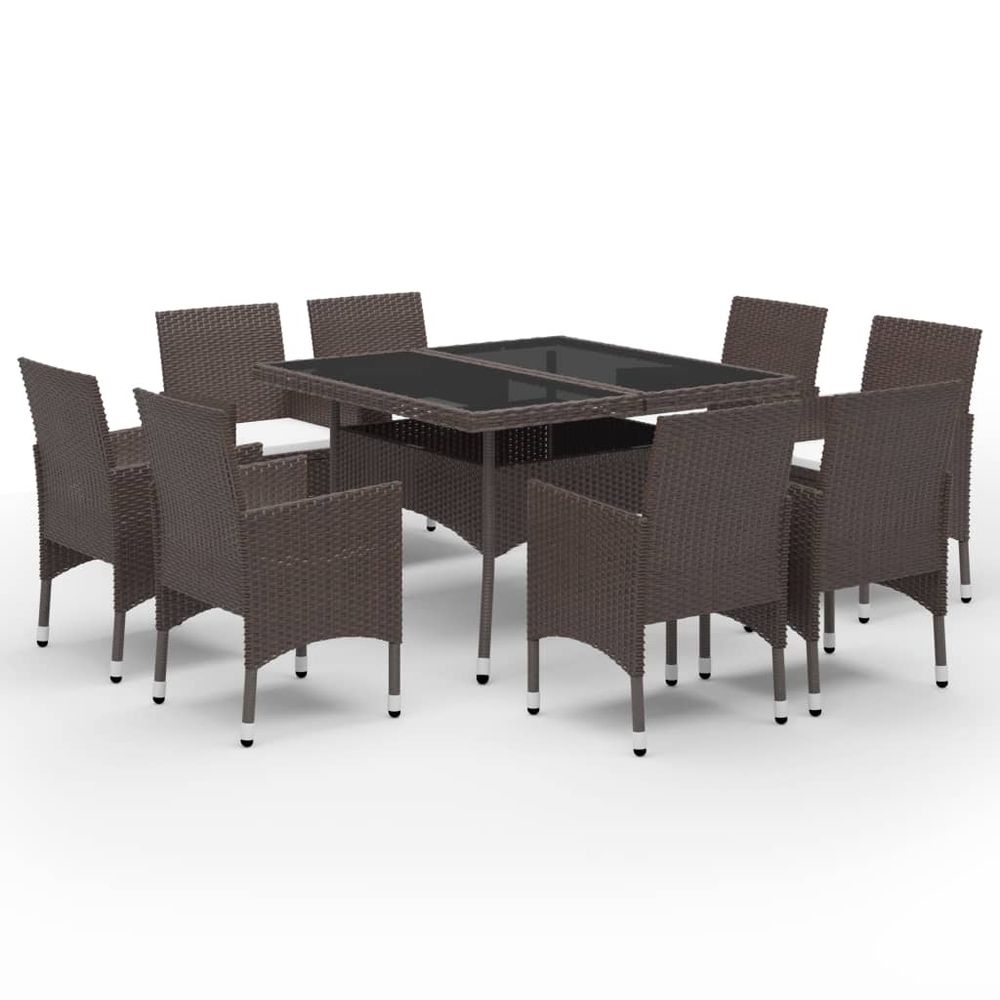 9 Piece Garden Dining Set Poly Rattan and Tempered Glass Brown - anydaydirect