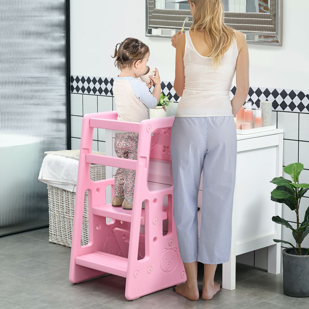 Kids Step Stool, Adjustable Standing Platform, Toddler Kitchen Stool - Pink - anydaydirect