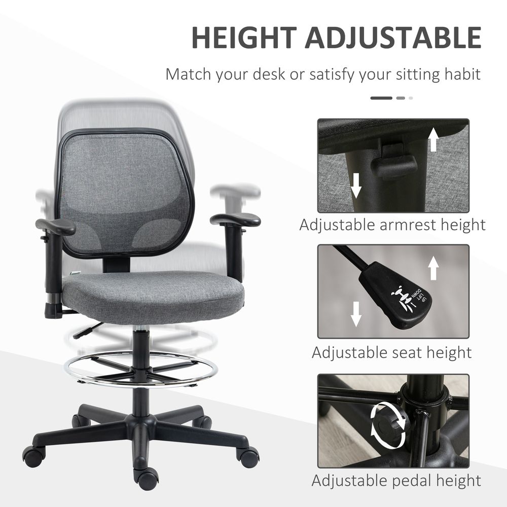 Drafting Chair Tall Office Stand Desk Chair  Foot Ring, Arm, Wheel Vinsetto - anydaydirect