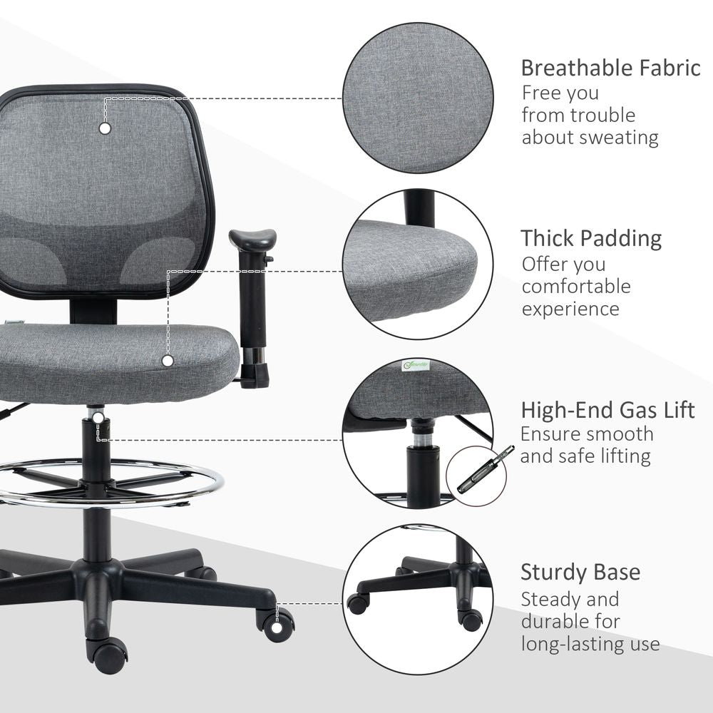 Drafting Chair Tall Office Stand Desk Chair  Foot Ring, Arm, Wheel Vinsetto - anydaydirect