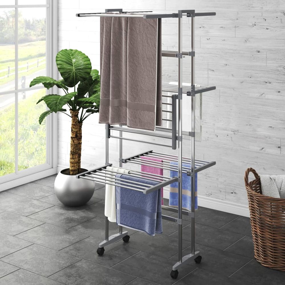 2-3 Tier Airer Laundry Drying Rack with Wheels Silver 60x70x166 cm - anydaydirect