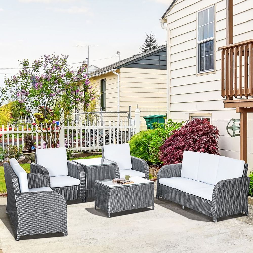 Outsunny 6 Piece Rattan Garden Furniture Set with Sofa, Glass Table, Grey - anydaydirect