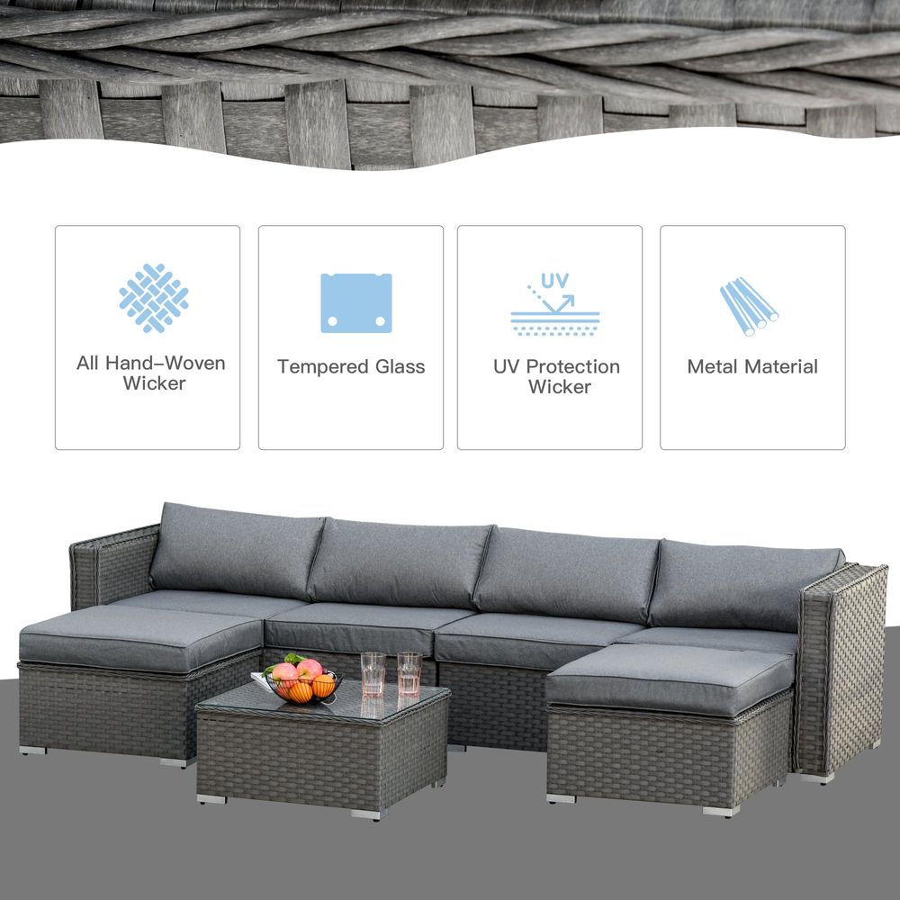 5 PCs Rattan Wicker Corner Sofa Set Tea Table Footstool & Cushion - Grey - anydaydirect