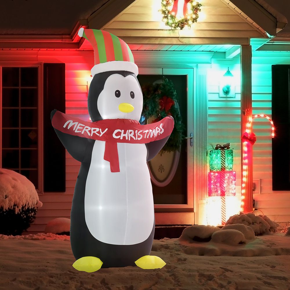 HOMCOM 8ft Inflatable Penguin & Christmas Banner Decoration Inner LED Lights - anydaydirect