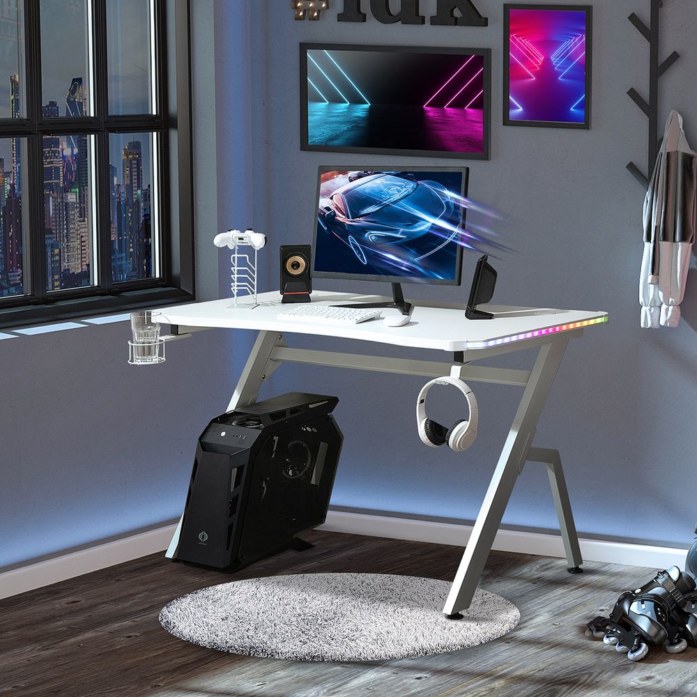 Gaming Desk Racing Style Computer Table RGB LED Lights, Hook, White - anydaydirect